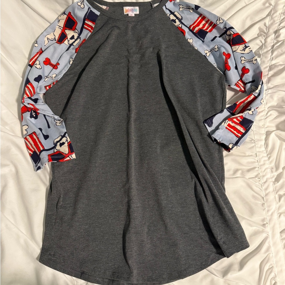 10 Items for $20: LuLaRoe Charcoal Raglan Top with Patterned Sleeves